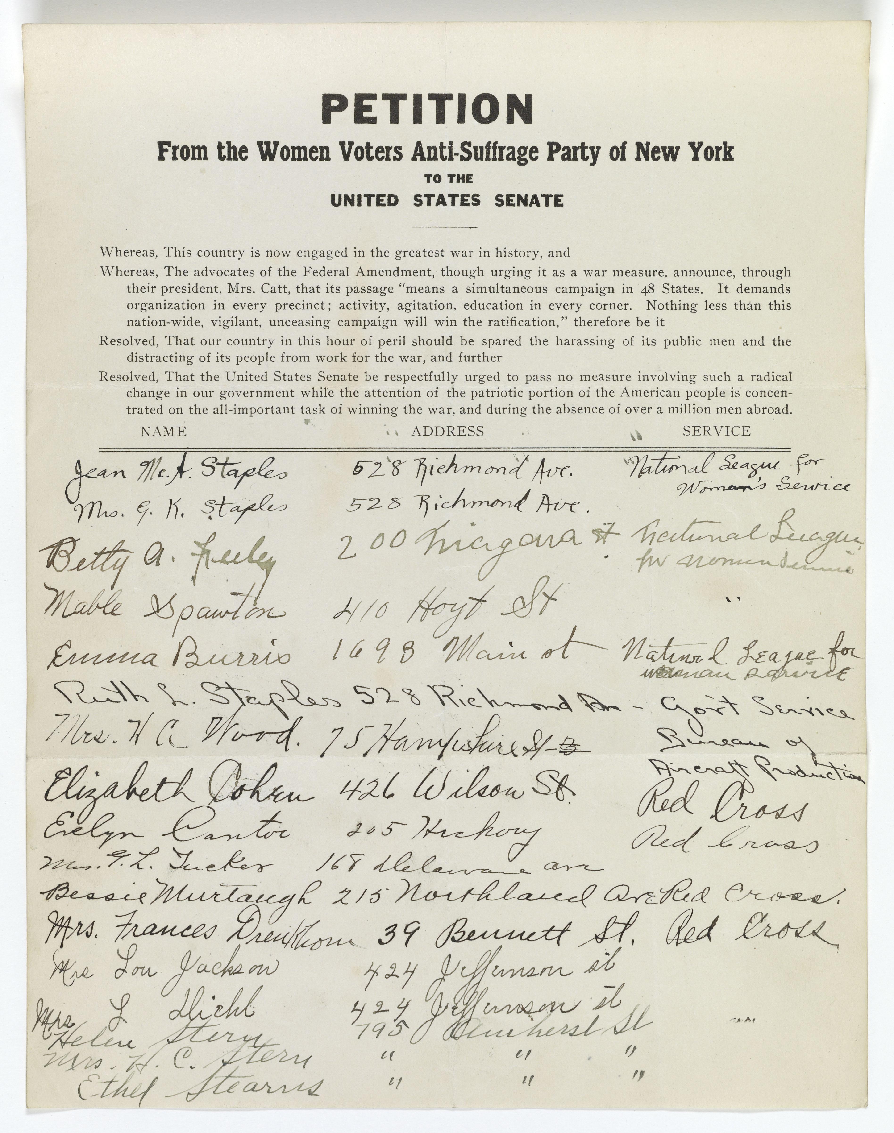 Petition from the Women Voters Anti-Suffrage Party of New York